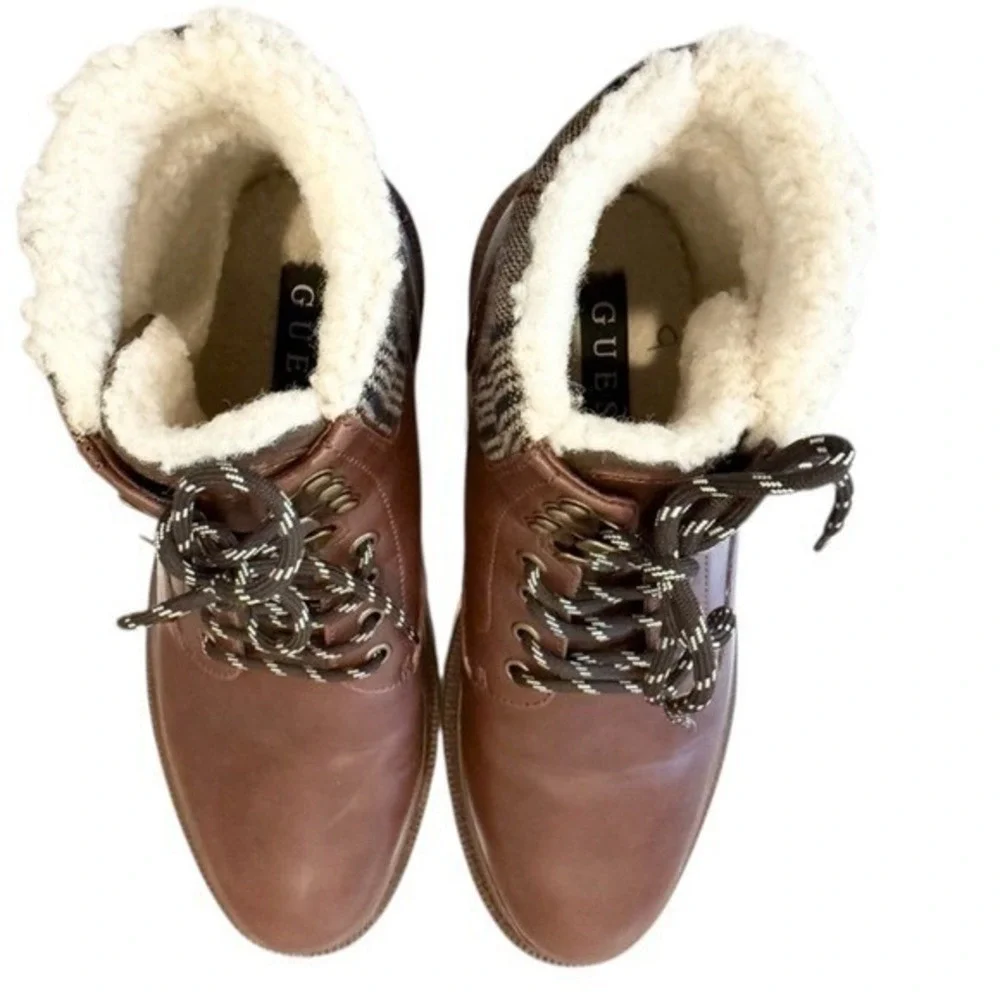 Guess Mens Brown Faux Leather Plaid‎ Collar Sherpa Lined Ankle Boots Lace Up